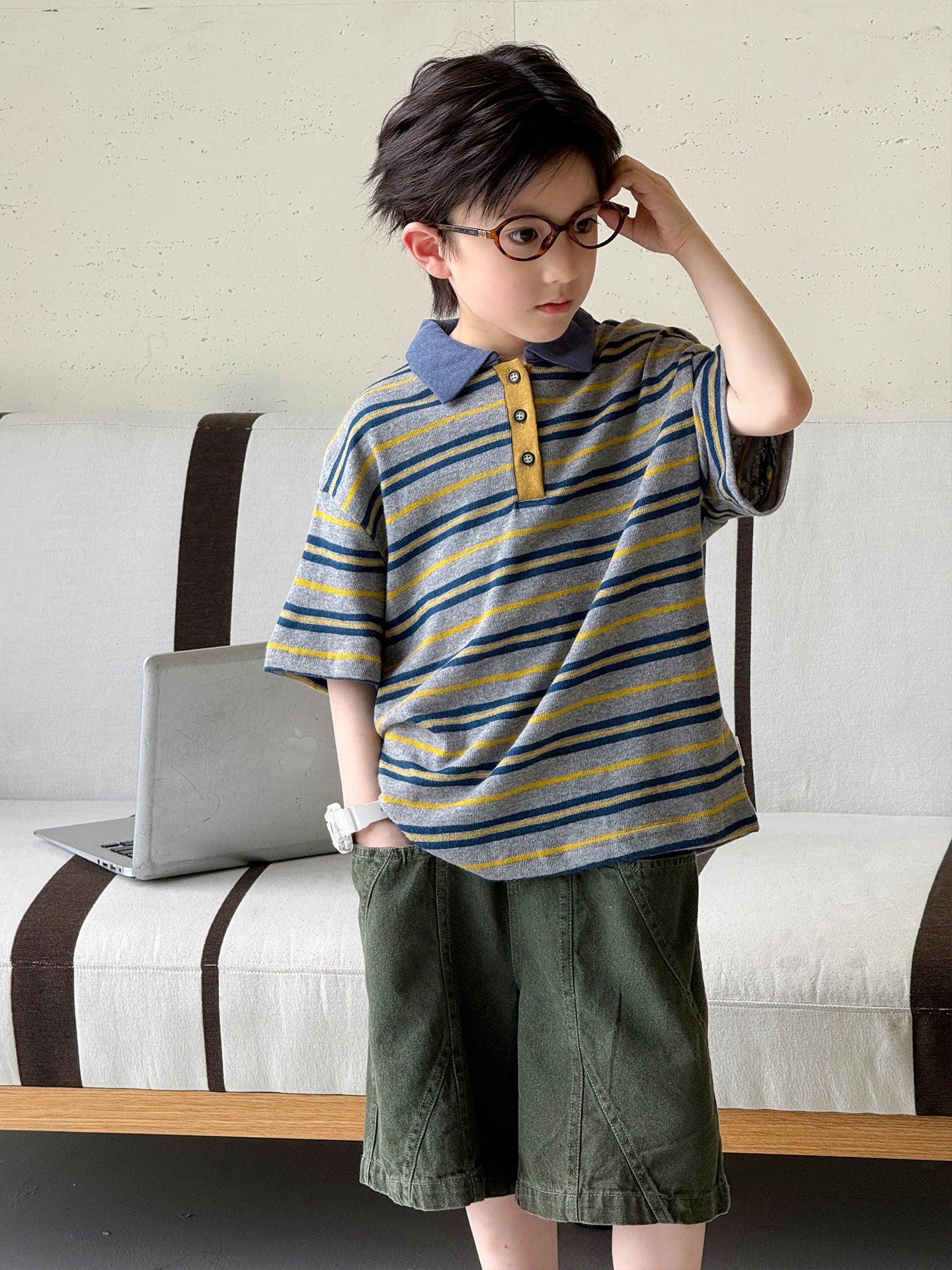 Children's Summer Korean Style Retro Contrast Color Striped Short Sleeve Casual Children's T-shirt