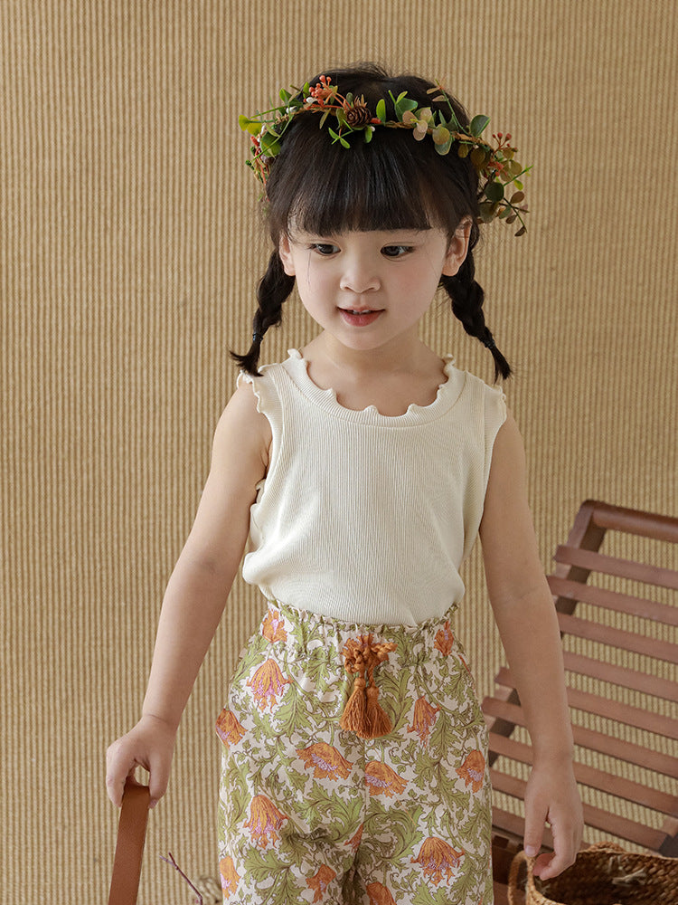 Summer Cute Tree Lacework Sleeveless Top Simple Children's T-shirt