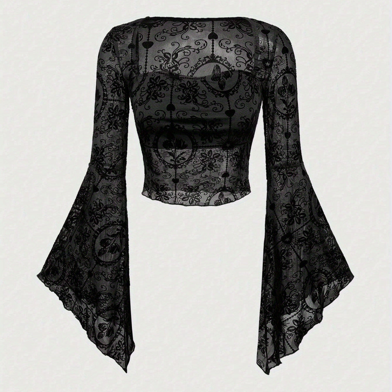 Sexy Mesh Long Sleeve Flared Sleeves Lace Shirt, Chiffon Shirt