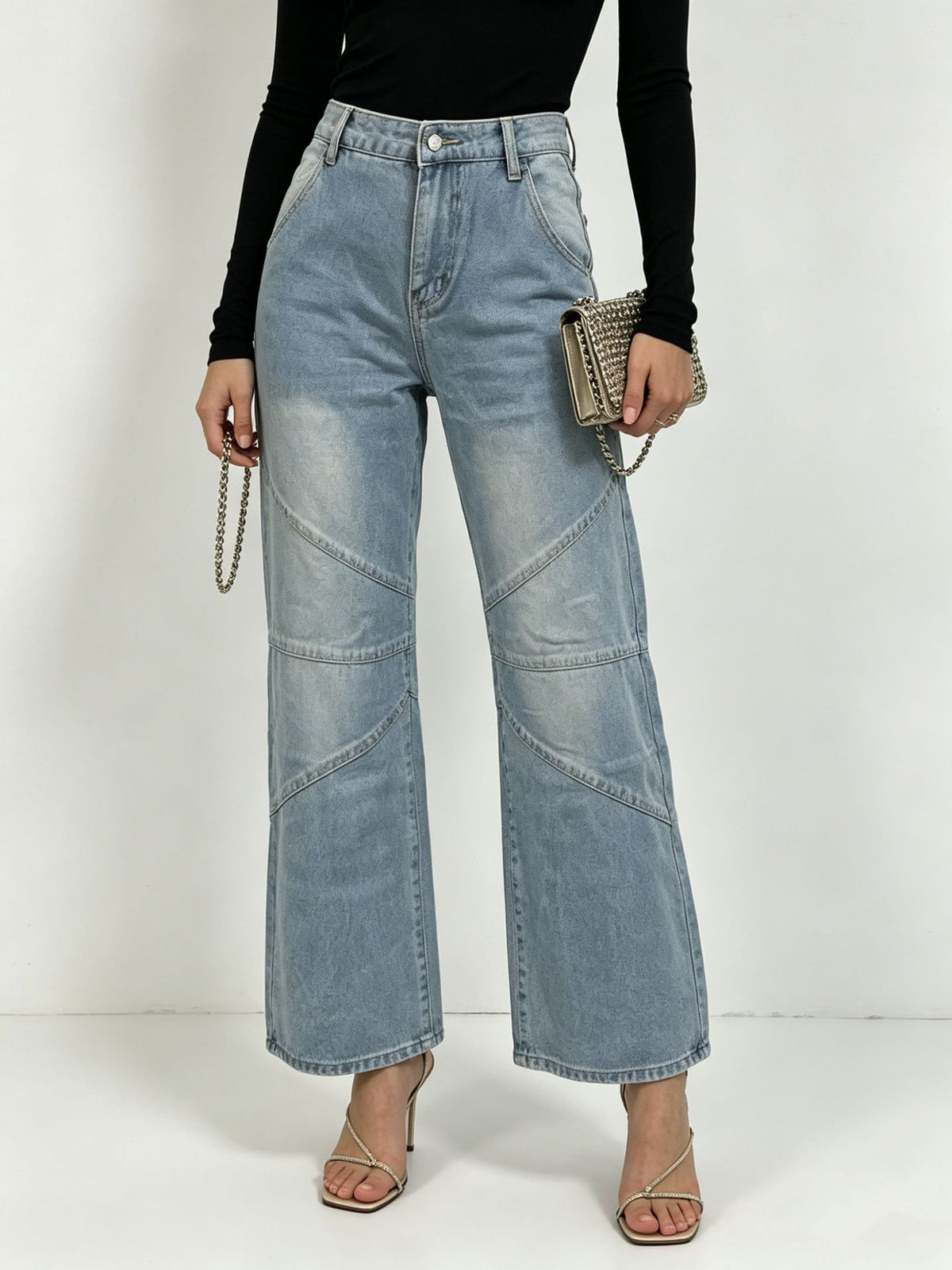 Women's Fashionable Pleated Washed High Street Straight Women's Jeans