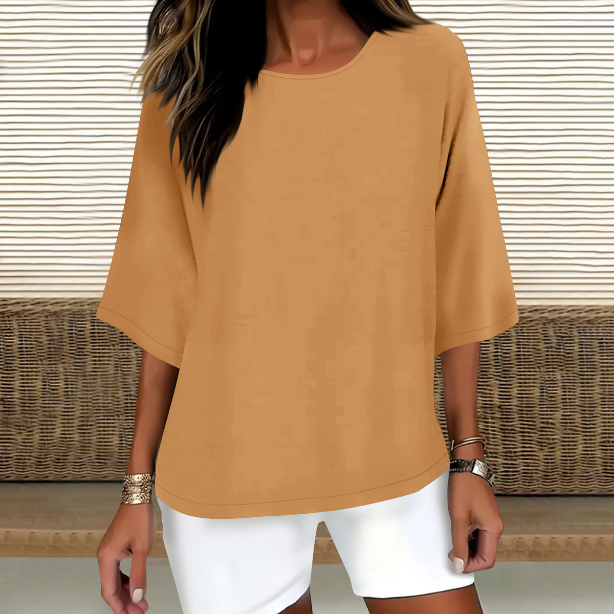 Women's Three-quarter Sleeve Round Neck Cotton Linen Blouse