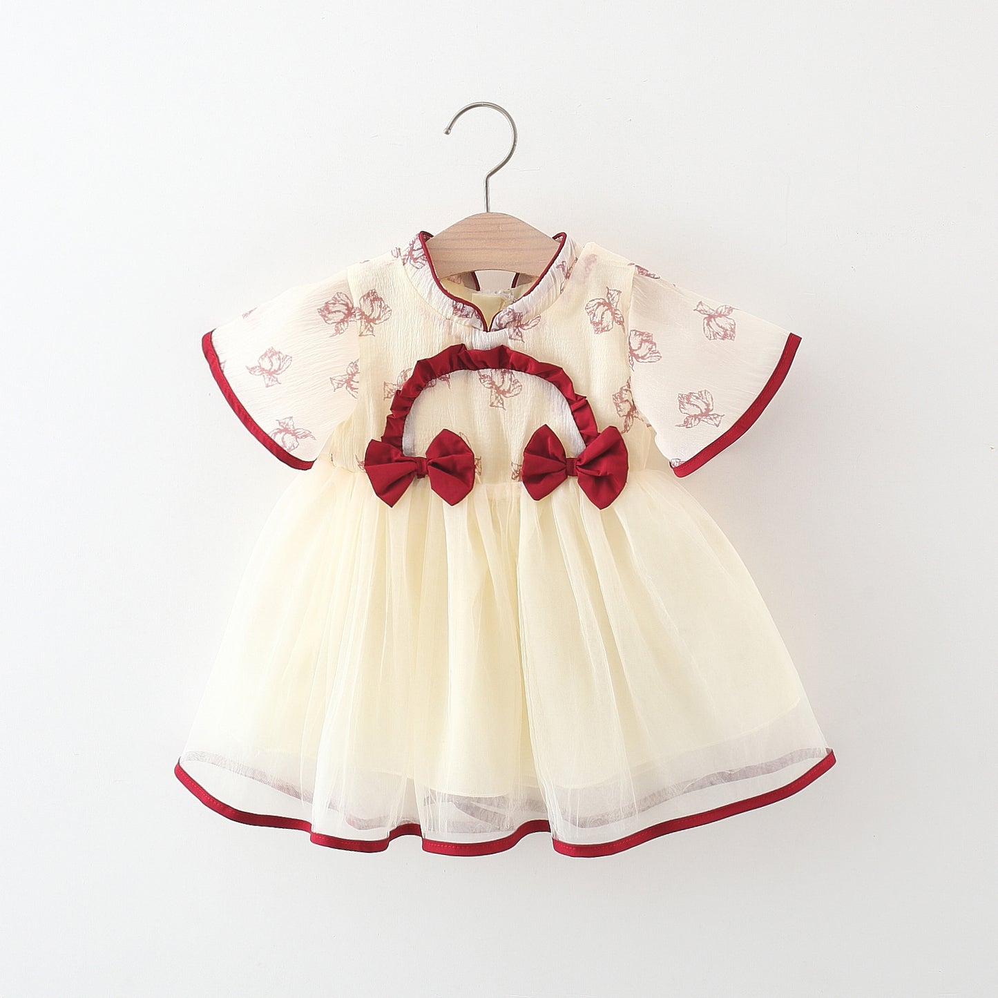 Summer Two Bow Semicircle Mesh Stitching Small Skirt Ancient Children's Dress