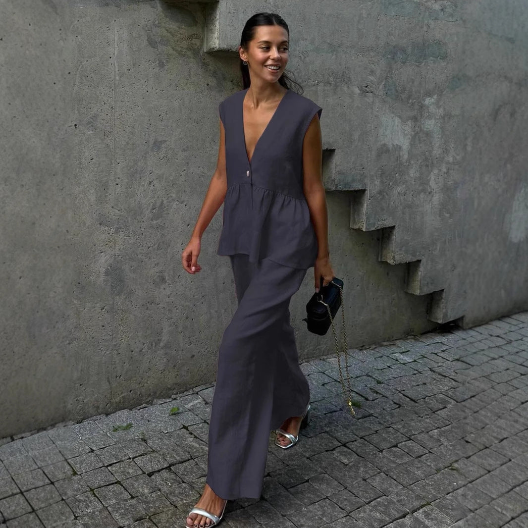 Women's Sleeveless Trousers Solid Color Temperament Commute Suits