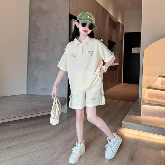 Children's Western Style Medium Big Bow Short Sleeve Ribbon Shorts Children's Suit