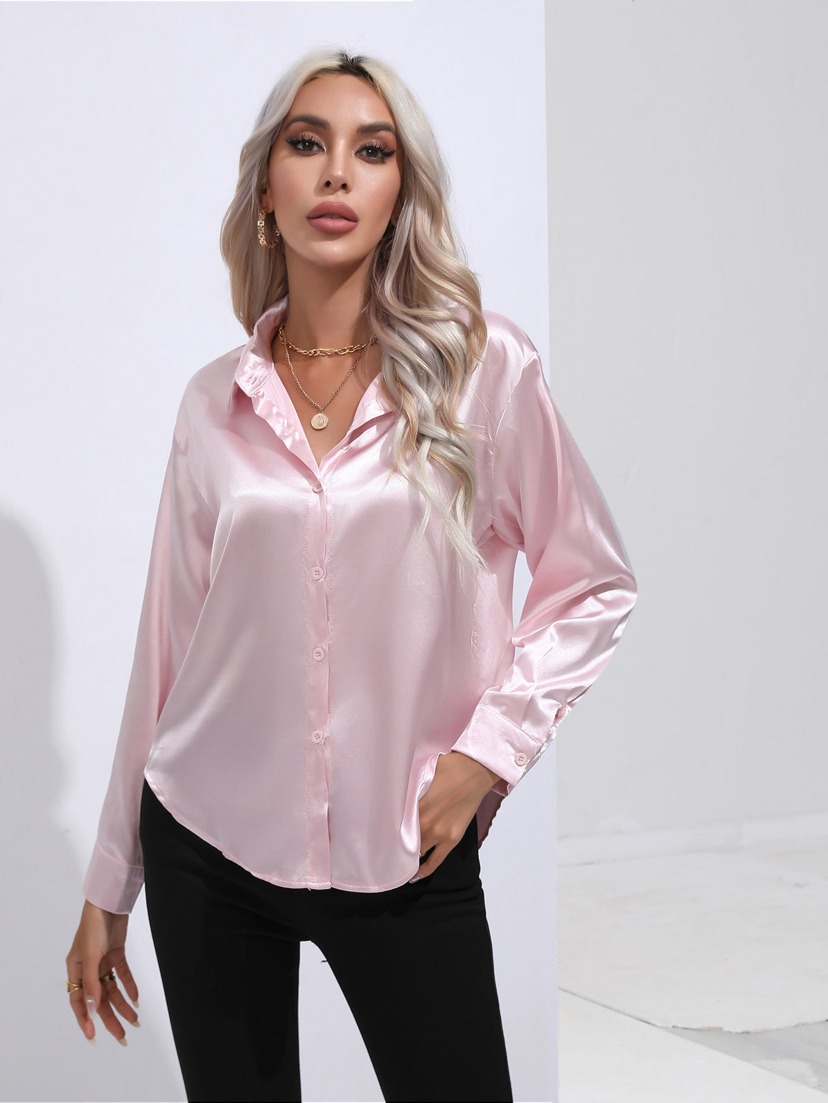 Glamorous Unique Women's Satin Shirt Long-sleeved Blouse