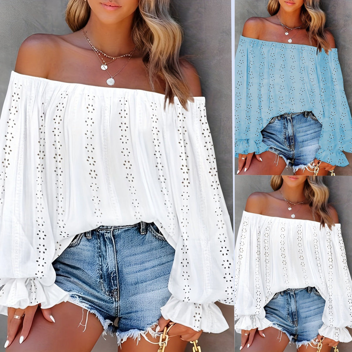 Women's Lantern Sleeve Long Always Collar Lace Shirt, Chiffon Shirt