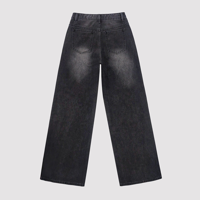 Retro Distressed Rhinestone Loose High Waist Black Women's Jeans