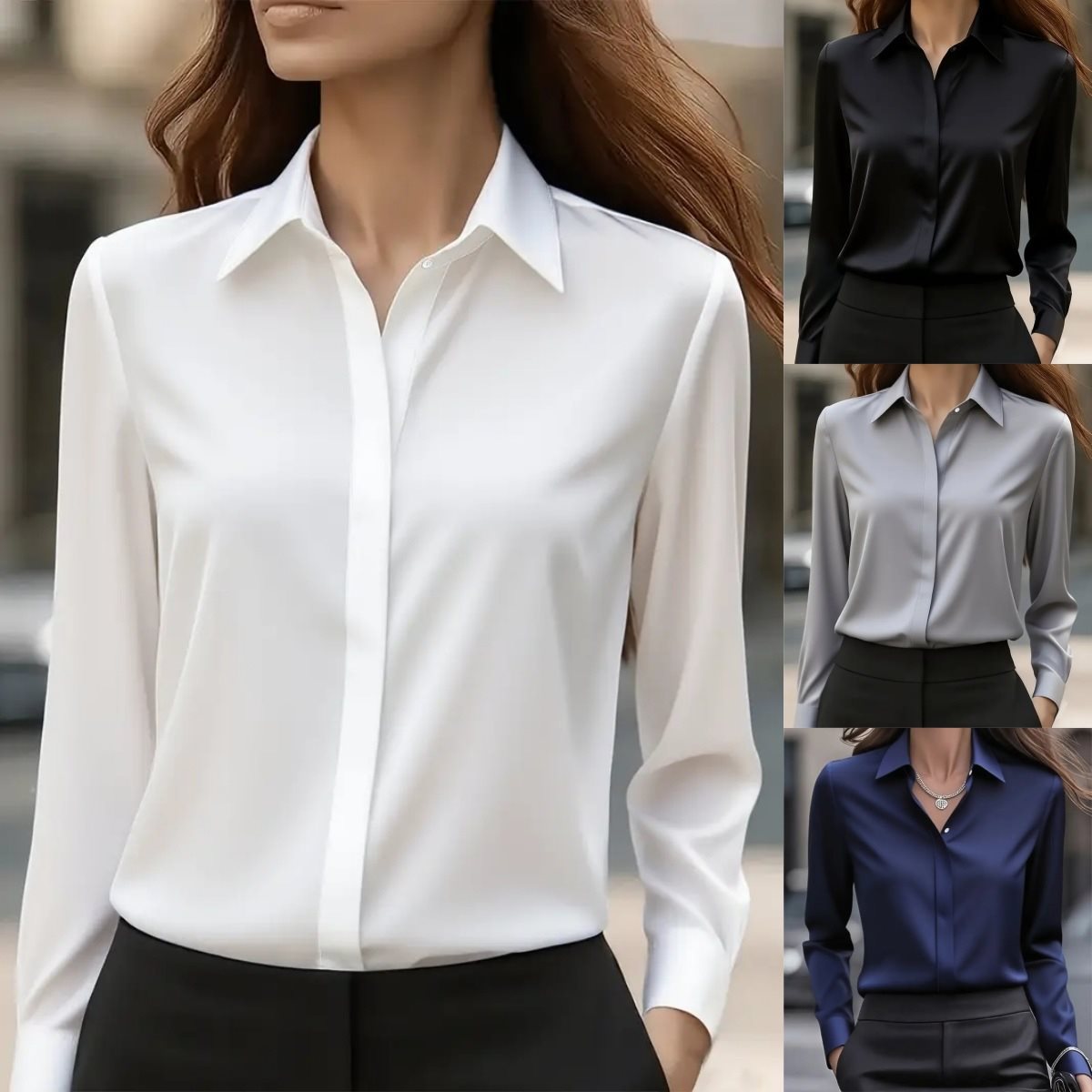 Women's Shirt Satin Lapel Long Sleeve Autumn Solid Blouse