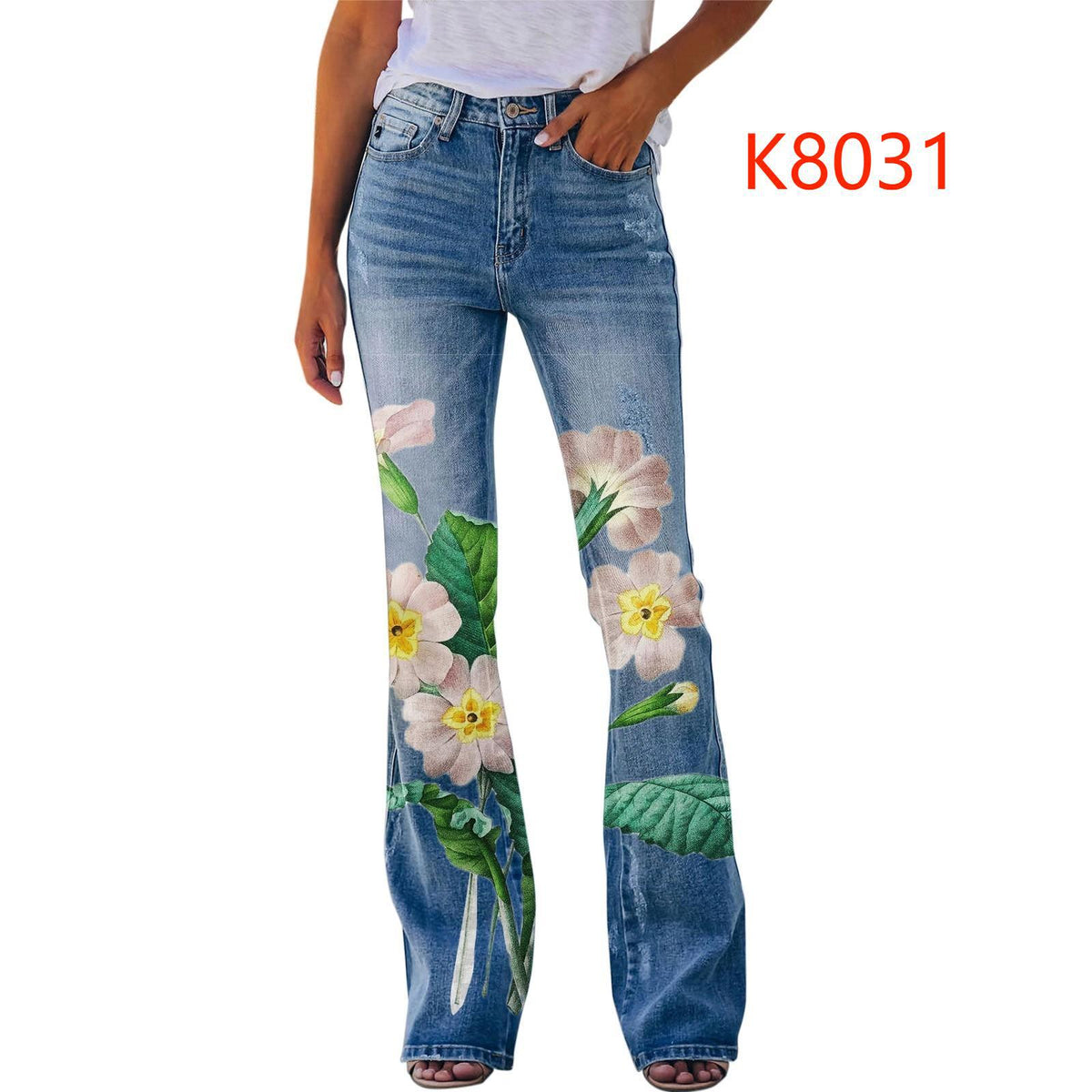 Women's Large Casual Imitation Denim Bell-bottom Floral Pants