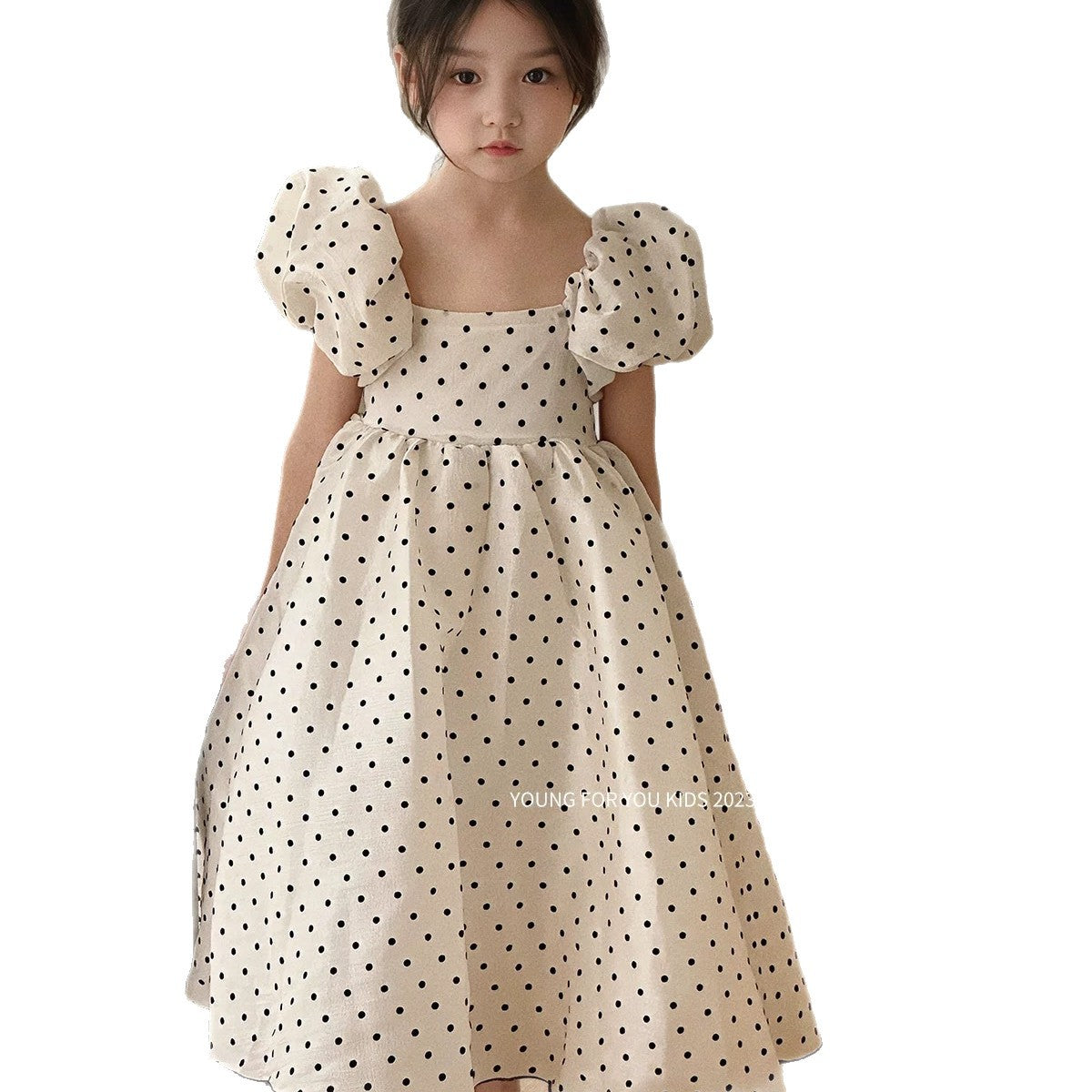 Summer Polka Dot Pearl Yarn Princess Puff Sleeve Swing Children's Dress