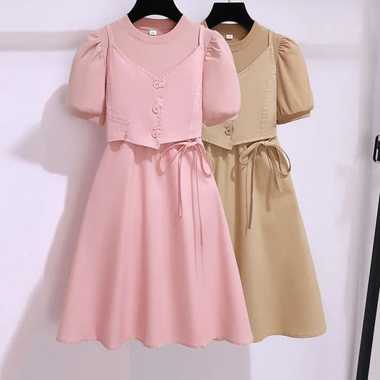 Fake Two-piece Summer Stylish Korean Teens Short Children's Dress