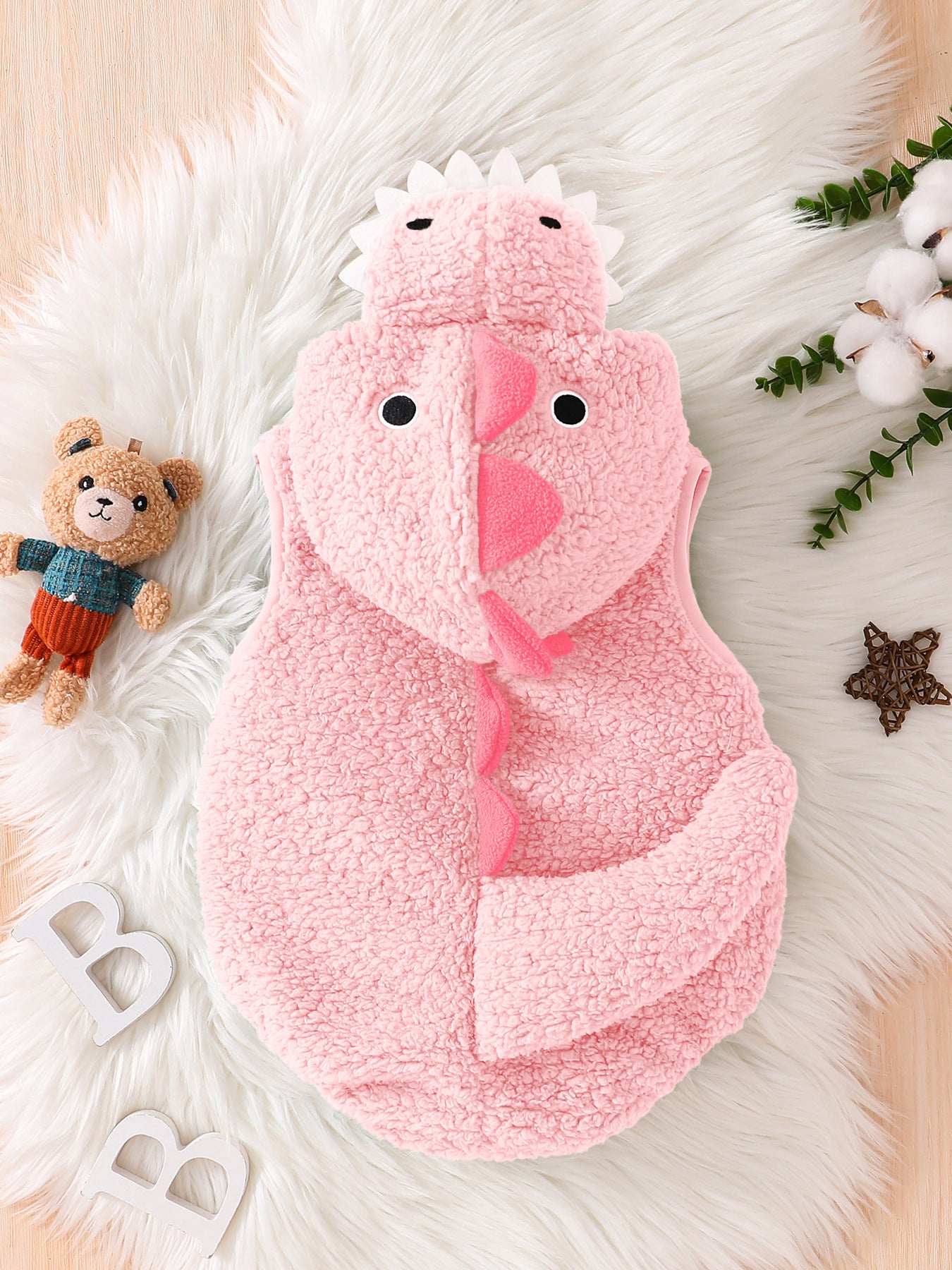 Infants Cute Cartoon Sleeveless Hooded Triangle Rompers Polar Fleece Dinosaur Jumpsuit, Climbing Suit