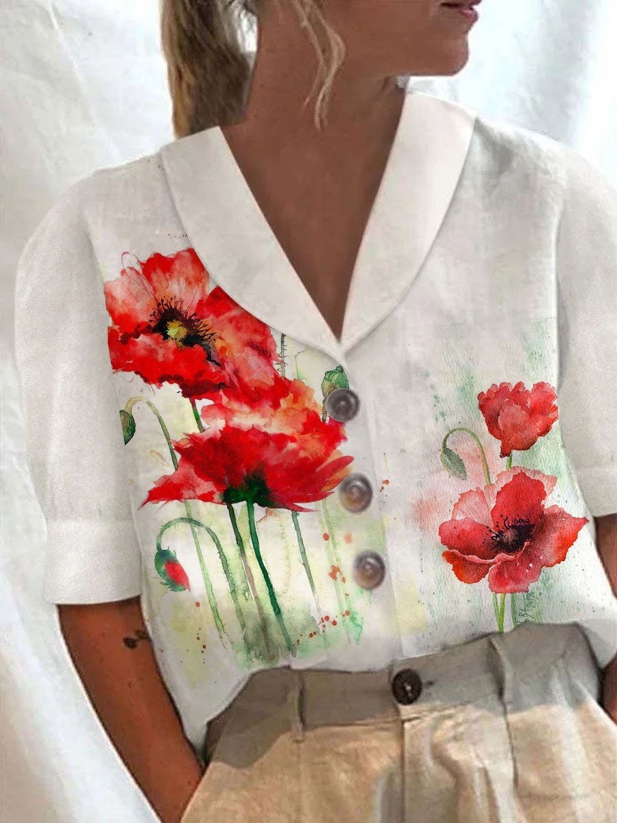 Women's Collar Button Casual Long Half Sleeve Cotton Blouse