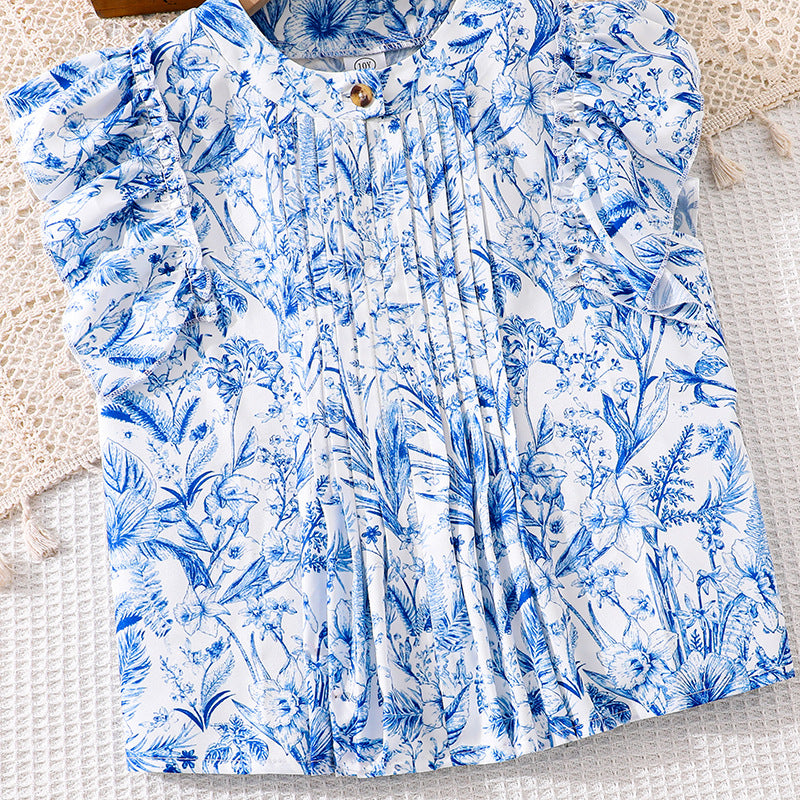 Summer Sweet Floral Ruffle Sleeve Chest Children's Suit