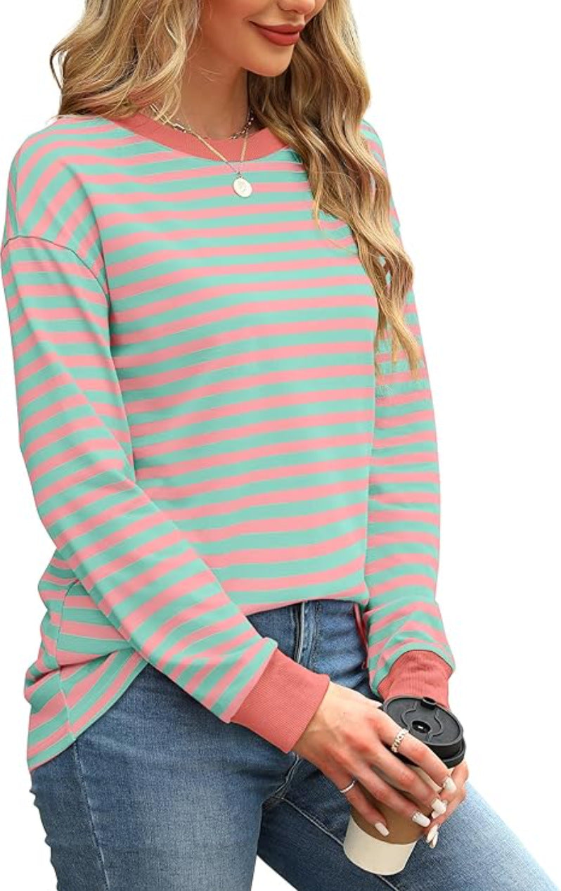 Women's Fashion Color Contrast Loose Round Neck Women's T-shirt