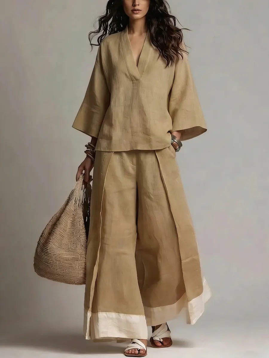 Women's Cotton Linen French Style Three-quarter Sleeve Shirt Contrast Color Suits