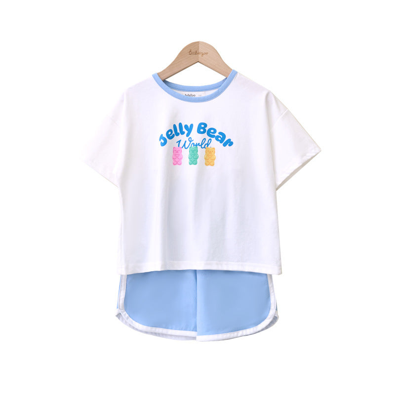 Children's Solid Color Bear Printing Two Casual Fashion Fashionable Short Children's Suit