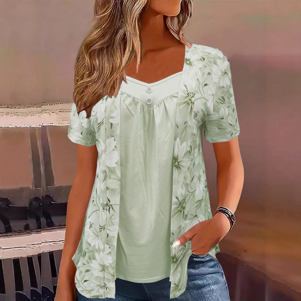 Women's Fake Two Pieces Sleeve Printed Fashion Large Size T-shirt