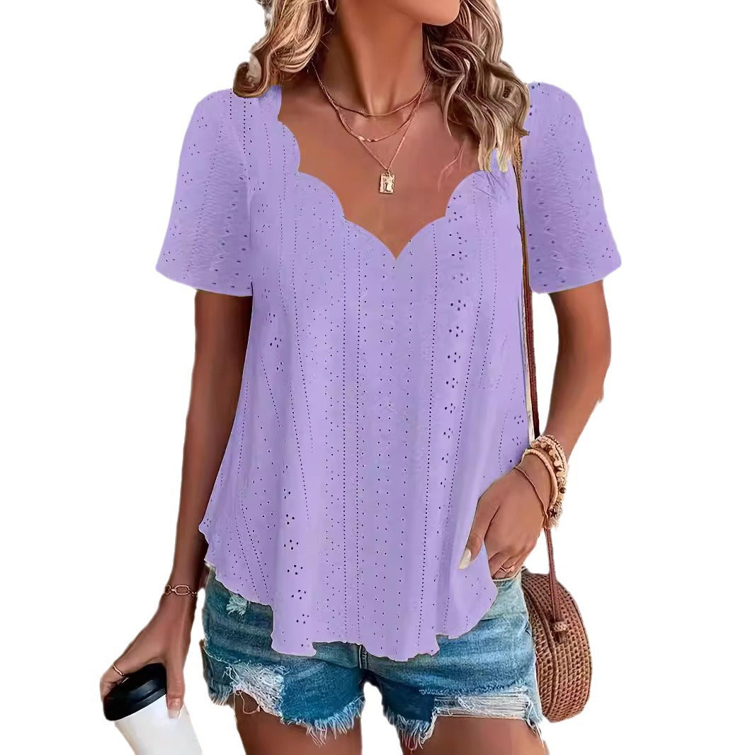 Women's Fashion Summer Casual Solid Color Scallop Women's T-shirt