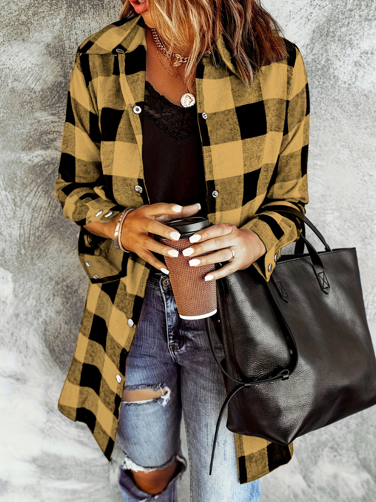 Women's Long Sleeve Plaid Lapel Loose Casual Jackets