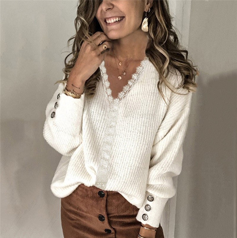 Women's Lace Outer Pullover Loose Long Sleeve Solid Sweaters