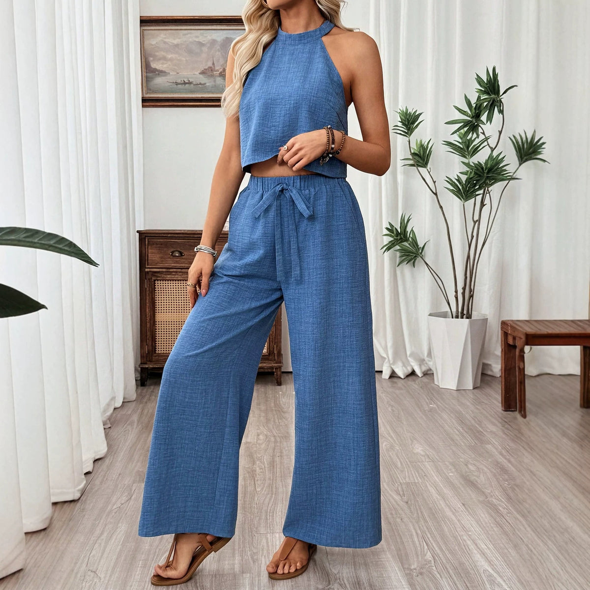Women's Halter Sleeveless Wide Leg For Two-piece Fashion Casual Suit