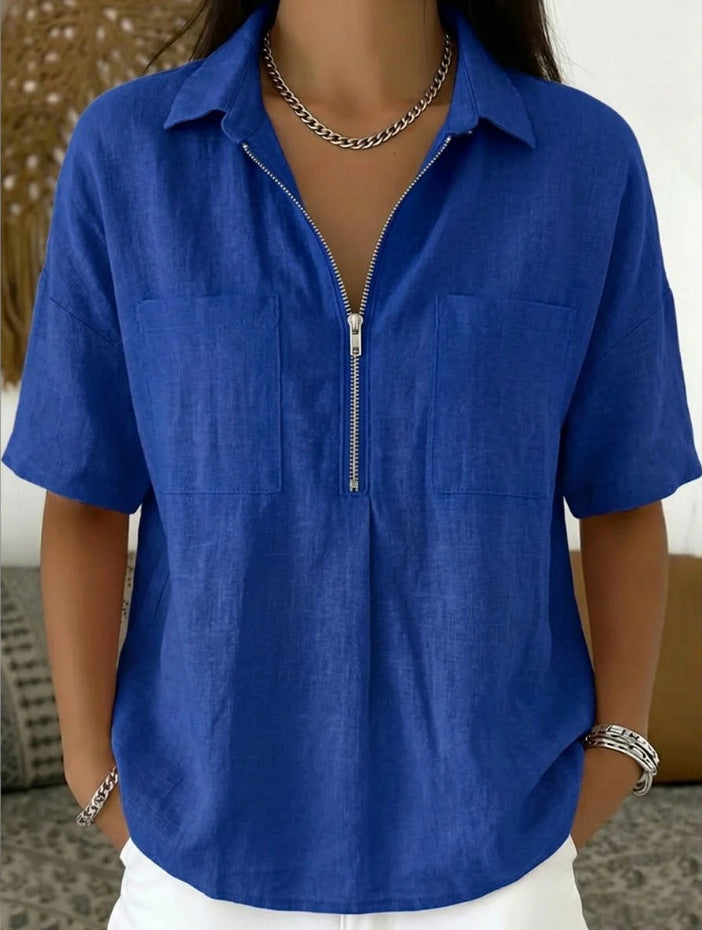 Loose Lapels Solid Color Sleeve Casual Shirt Zipper Patch Blouse