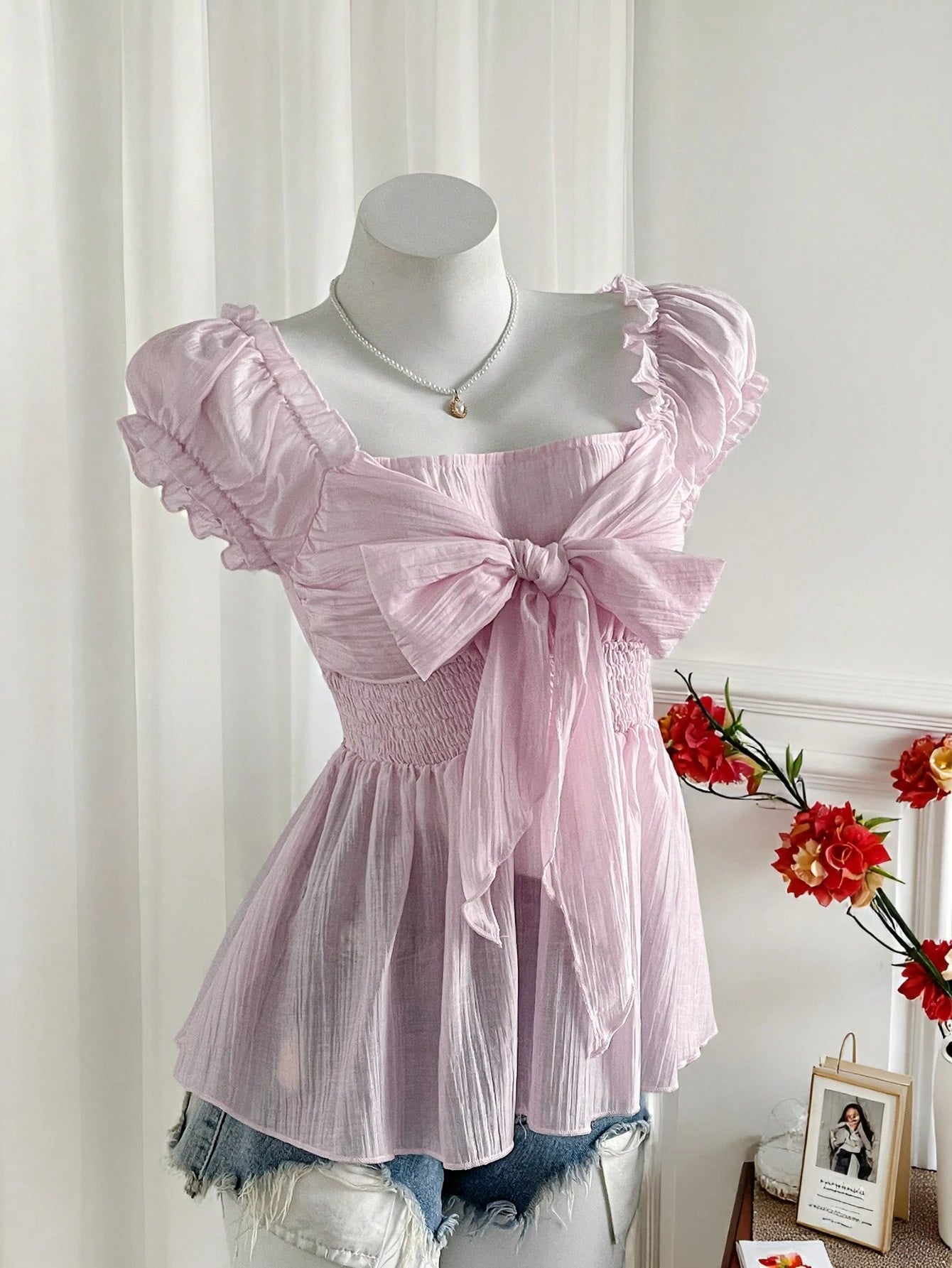 Sweet Fresh Bow Pleated Ruffle Sleeveless French Square Tops