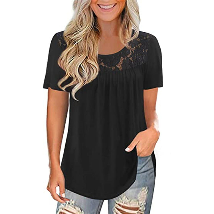 Women's Sleeve Lace Pleated Shirt Summer Waist Temperament Plus Size