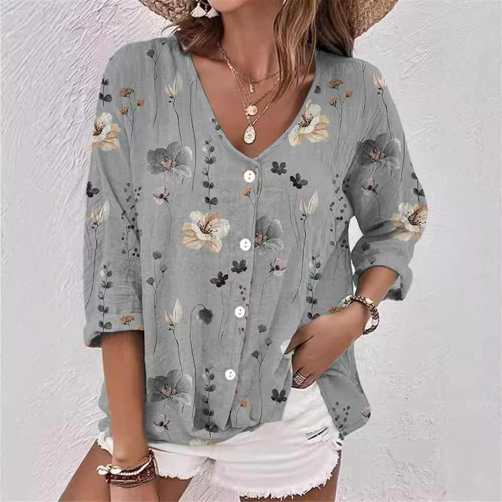 Casual Women's Buttons Printed Long Sleeve Lace Shirt, Chiffon Shirt