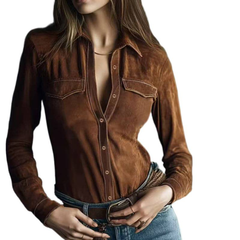 Women's Fashion Long Sleeve Deerskin Veet Shirt Blouse