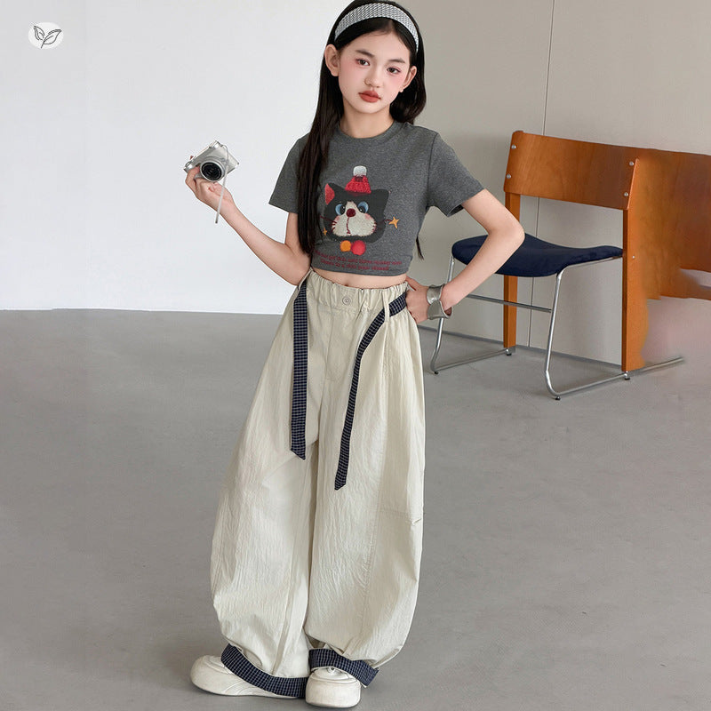 Children's Plaid Stitching Matchet Summer Medium Large Casual Lightweight Children's Pants