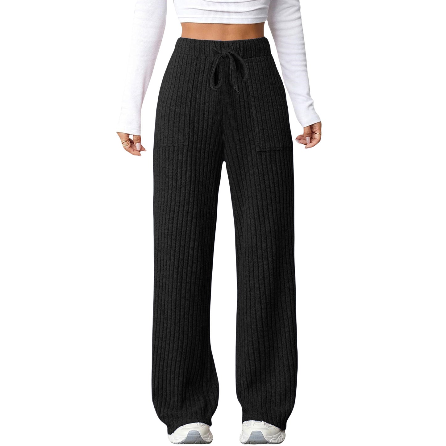 Women's Solid Color Rib Fabric Pocket Casual Pants