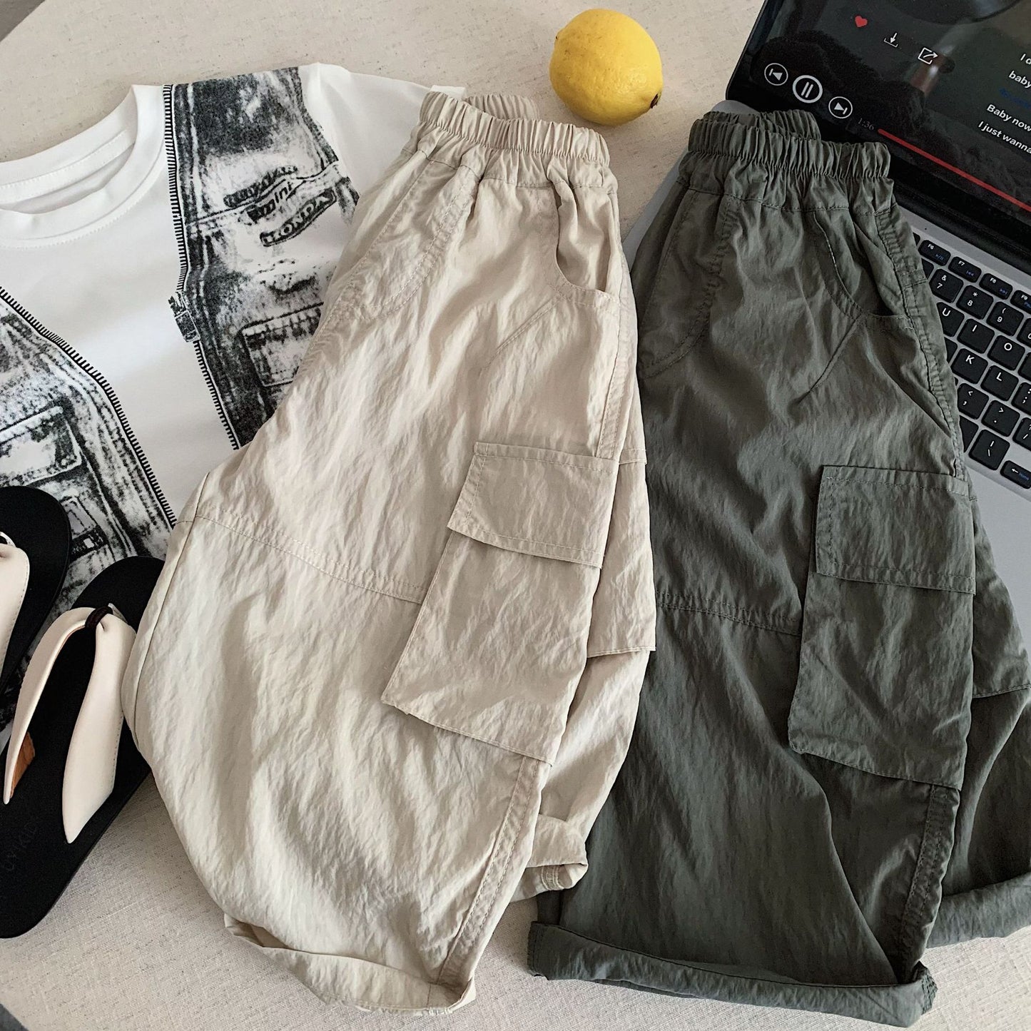 Children's Style Loose Cargo Solid Color Thin Children's Pants