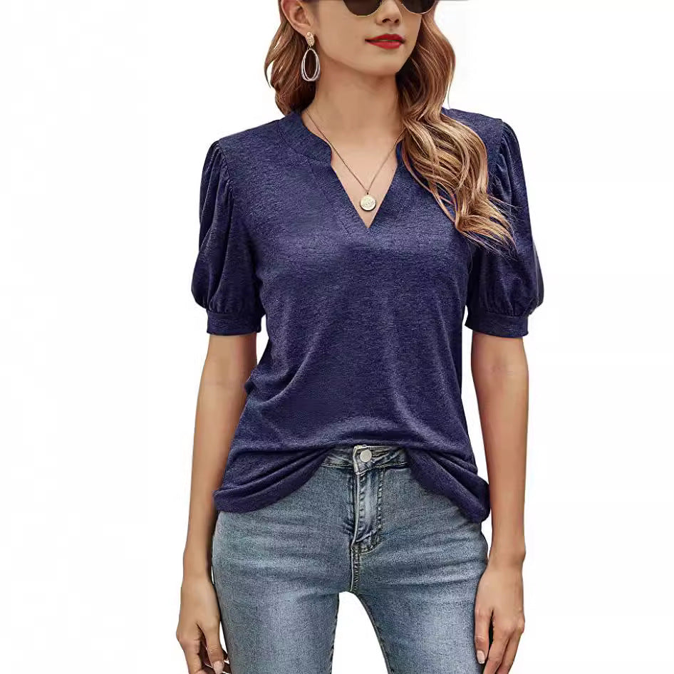 Women's Summer Casual Solid Color Puff Sleeve Tops