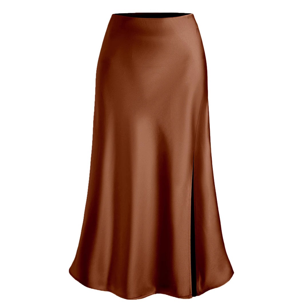Women's Satin High Waist Elastic Oblique Slit Long Skirt