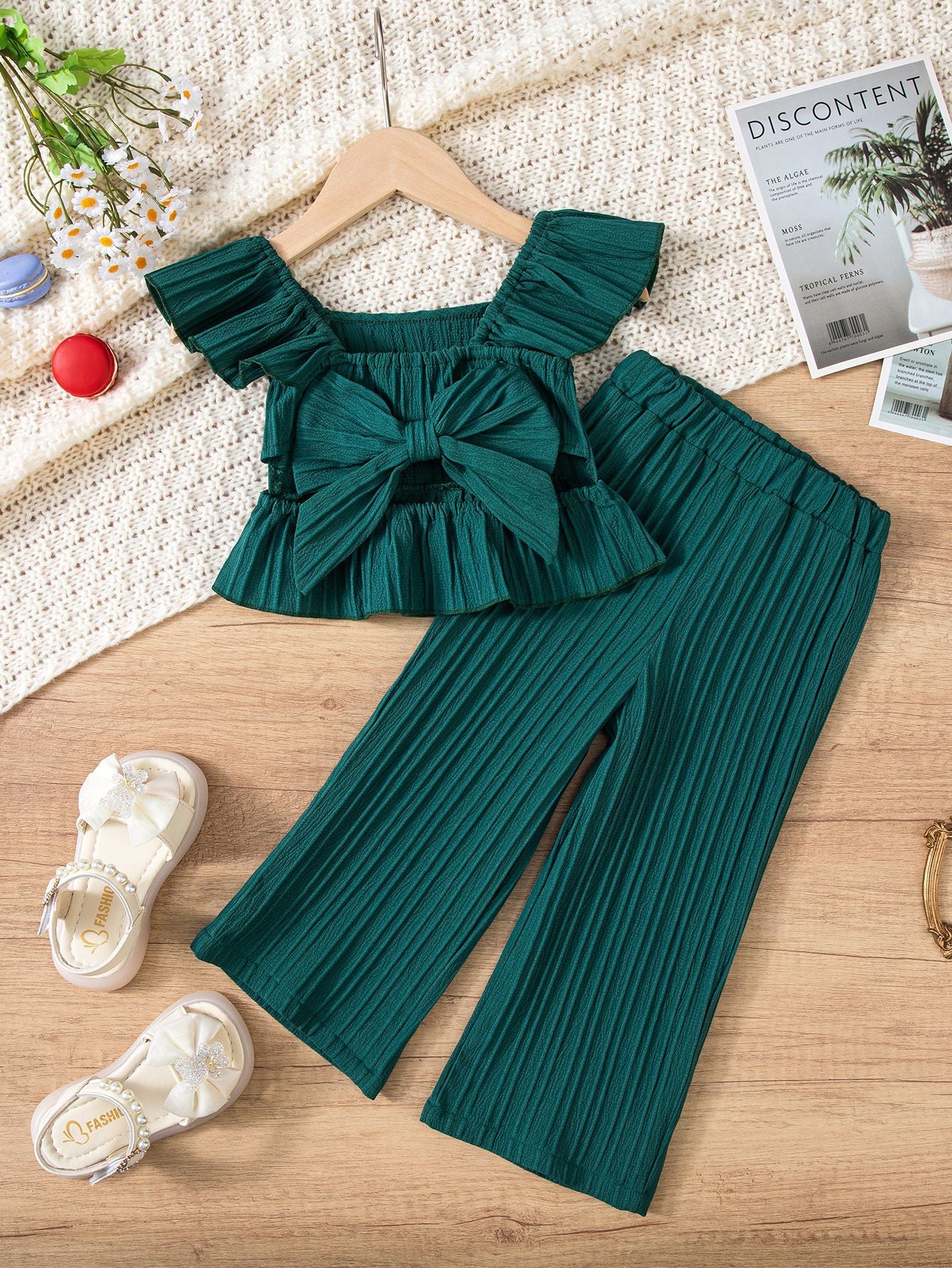 Shirt Flying Sleeve Top Solid Color Texture Children's Suit