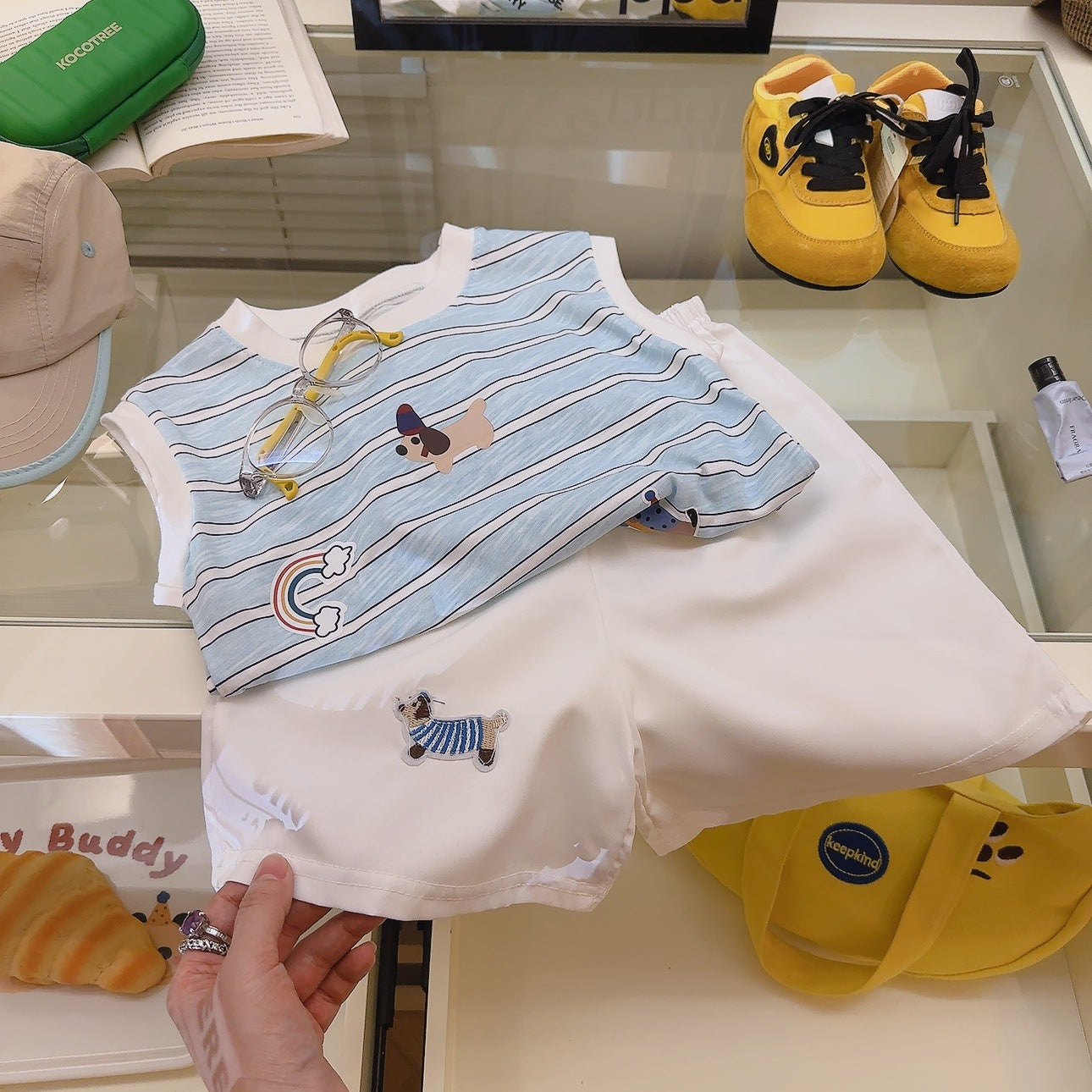 Children's Striped Vest Two-piece Set Cartoon Patch Puppy Boys Children's Suit