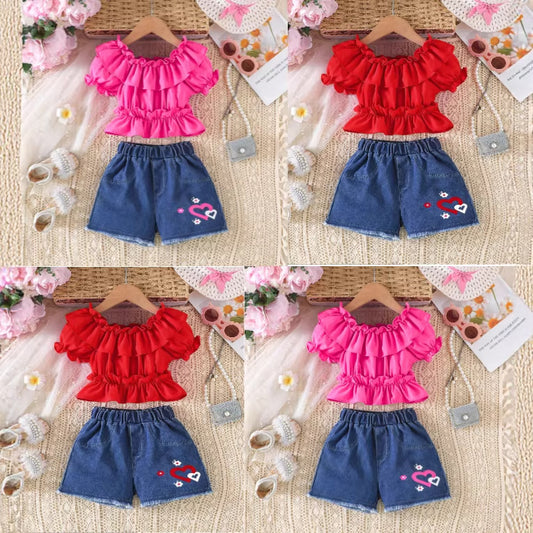 Summer Wear Pure Color Ruffles Top Love Denim Children's Suit