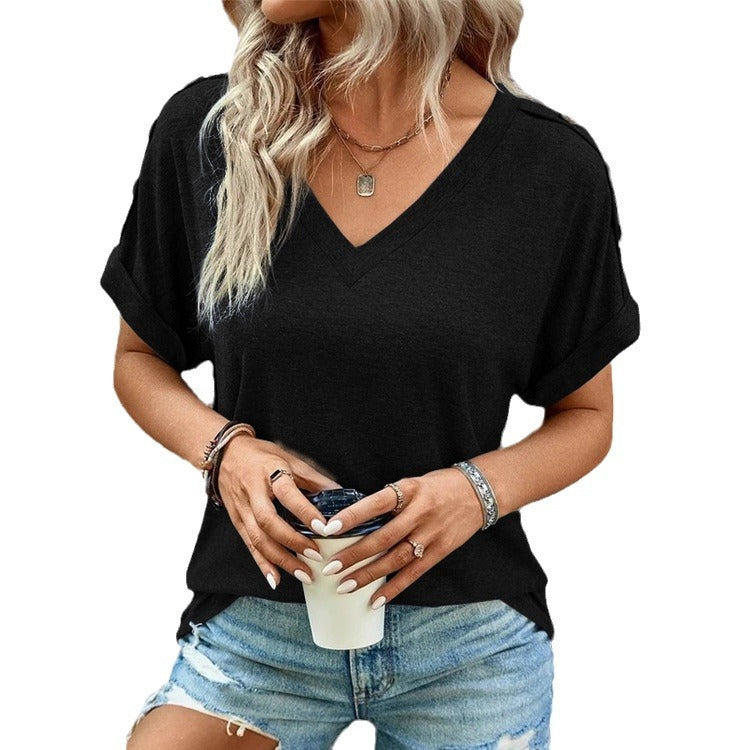Women's Solid Color Button Fashion Sleeve Women's T-shirt
