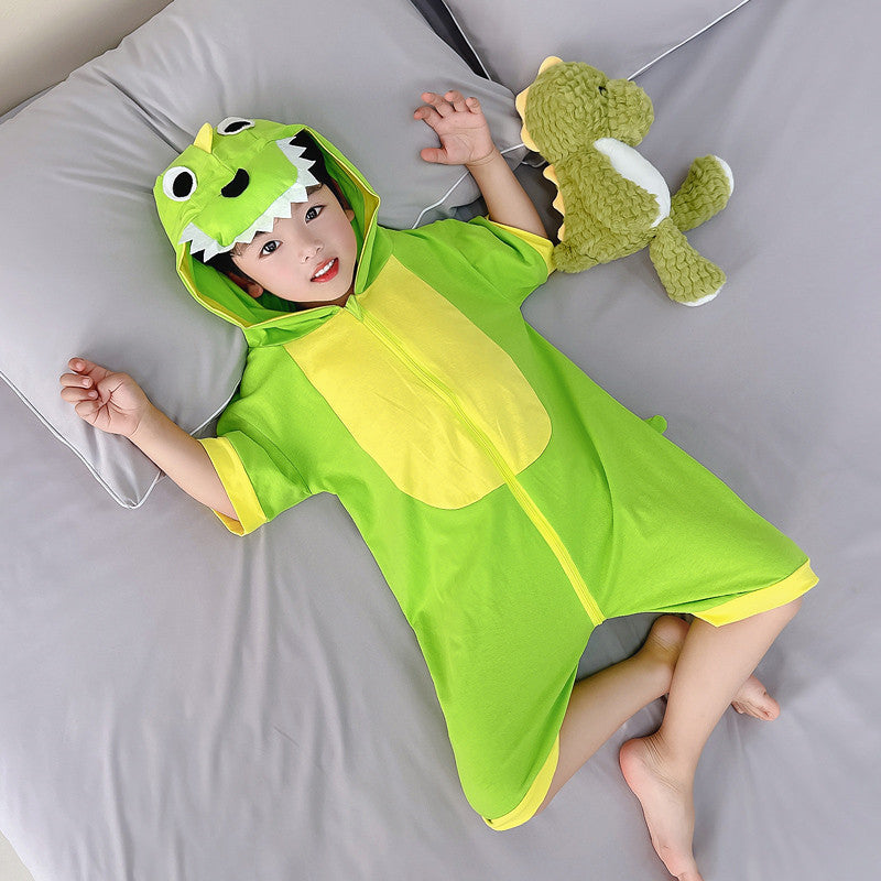 Children's Pajamas Summer Boy's Cotton Short-sleeved Boy Cartoon Dinosaur Romper Hooded Jumpsuit, Climbing Suit