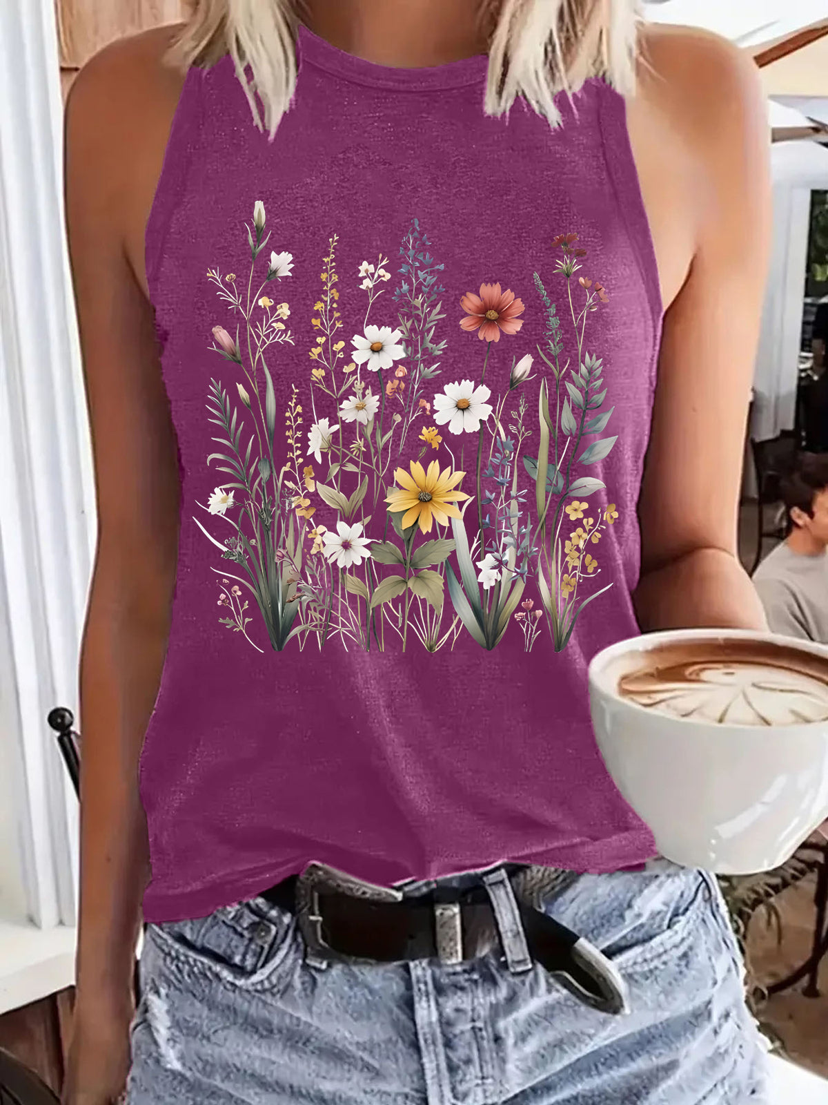 Women's Floral Print Sleeveless T-shirt Round Neck Pullover Small Vest/suspenders/tube Top