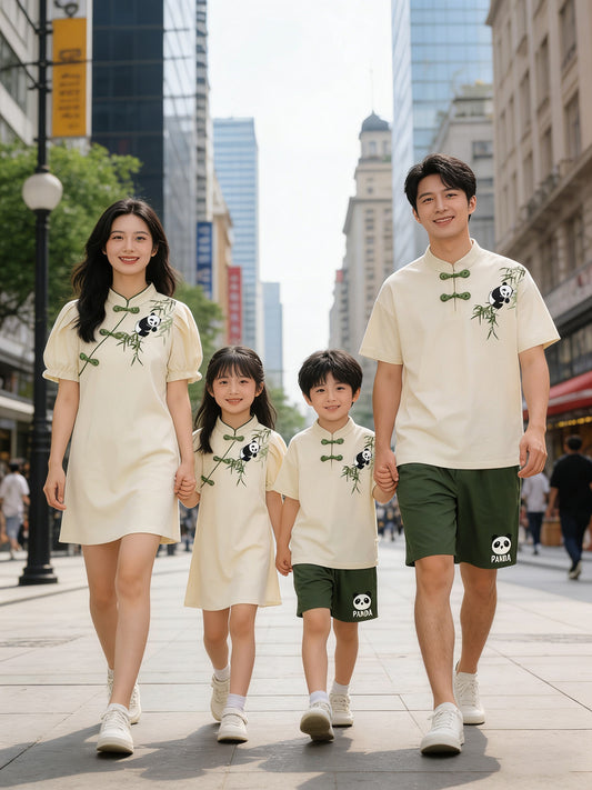 The Whole Family Panda Shirt Short Sleeve Mother Daughter Parent-child Outfit