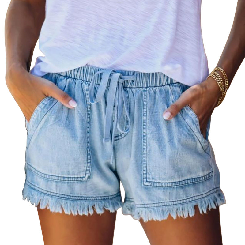 Women's Summer Elastic Waist Drawstring Casual High Slimming Denim Women's Jeans