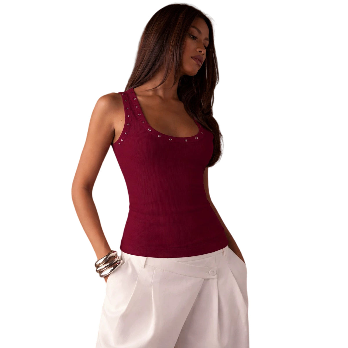 Women's Hot Personalized Punching Rhinestone Slimming Sleeveless Outerwear Tops