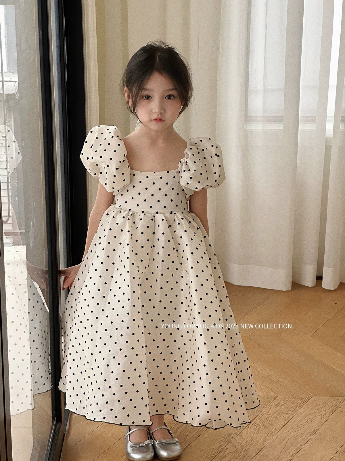 Summer Polka Dot Pearl Yarn Princess Puff Sleeve Swing Children's Dress