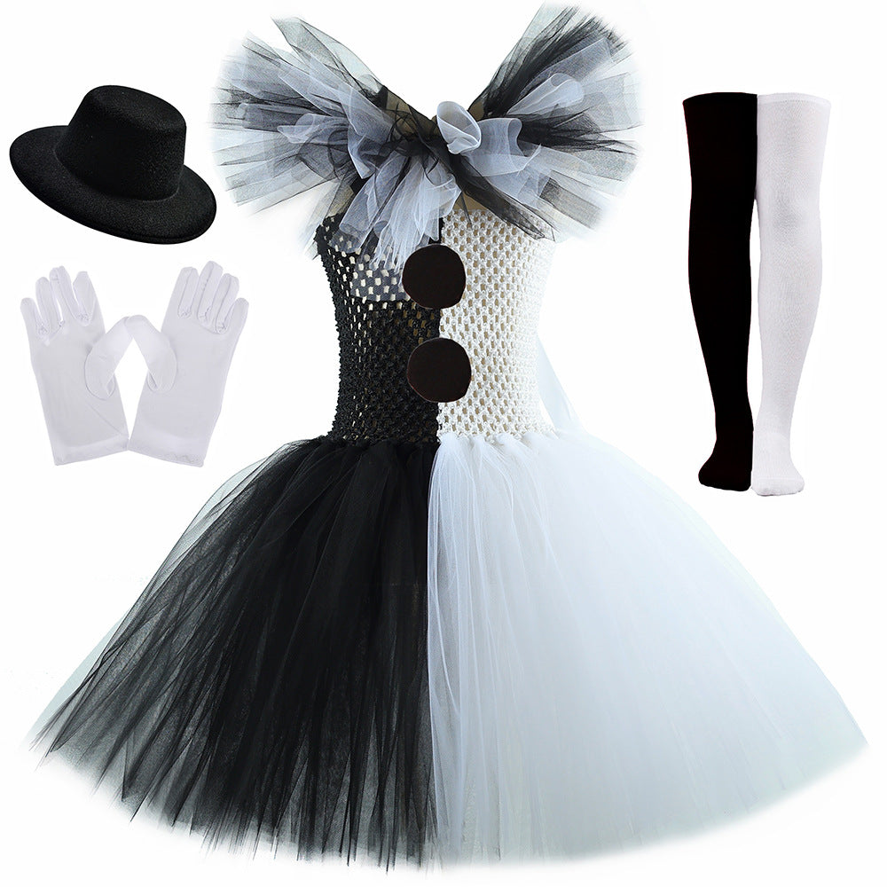 Children's Halloween Black White Clown Mesh Bubble Skirt Autumn Performance Children's Dress