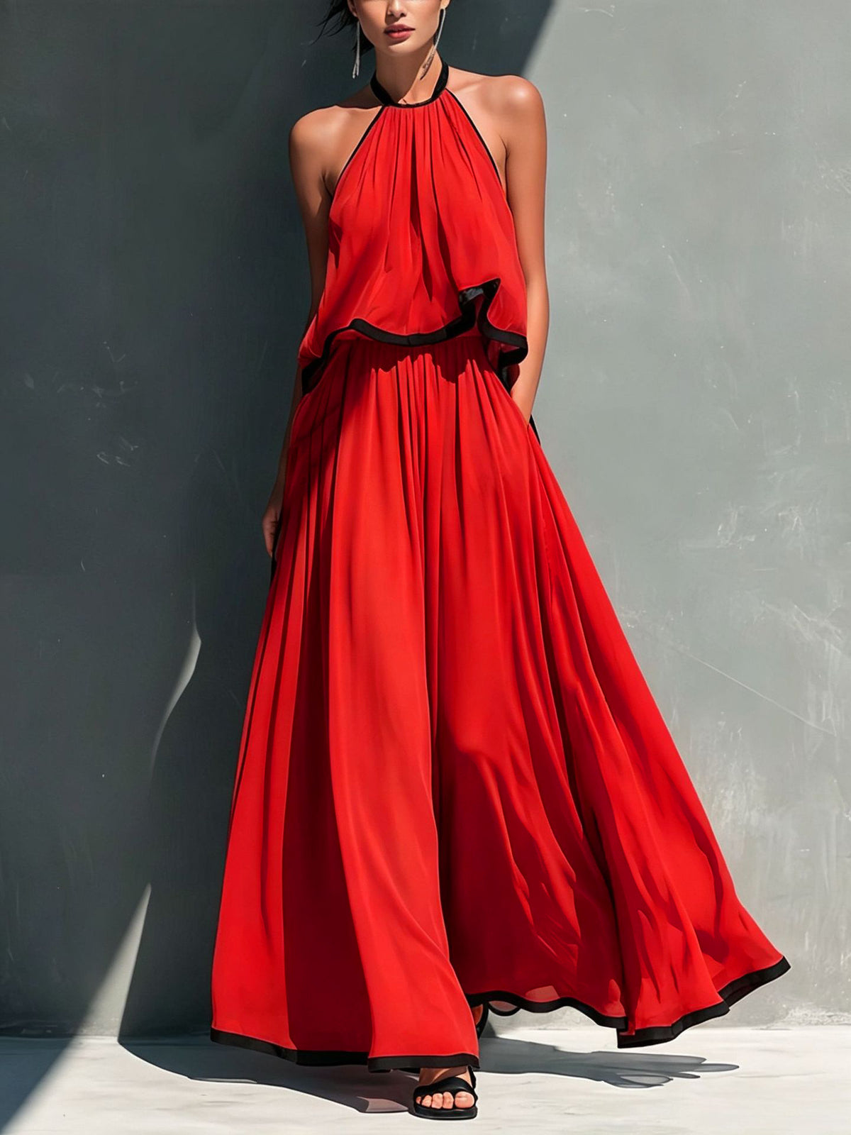 Halter Sleeveless High Waist Big Swing Long High-grade Chiffon Two-piece Fashion Casual Suit