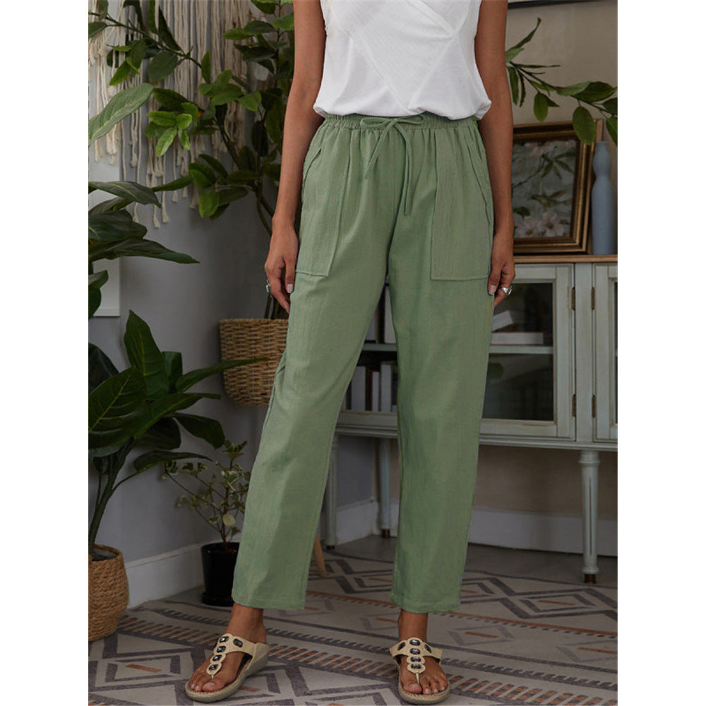 Women's Solid Color Large Pocket Elastic Waist Cotton Linen Casual Pants