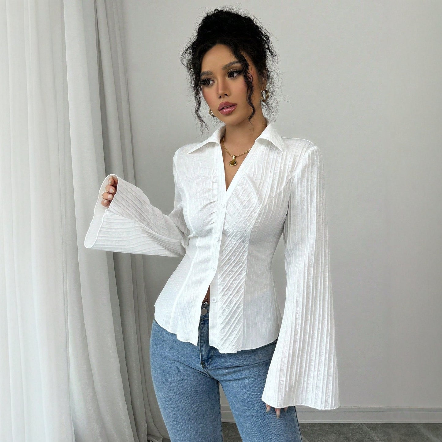 Lapel Waisted Long-sleeved Shirt Button Chic Unique Tops